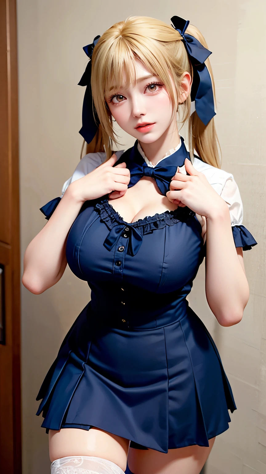 （Very delicate and beautiful：1.2）super model,,Big Breasts,Beautiful breasts,voluptuous,【bike shorts】,,【3girls】,,Highest quality, High resolution, 8K,mini skirt,Navy blue frilly sailor suit,Blonde twin tails,****ta Style,Right hand bandaged,boots