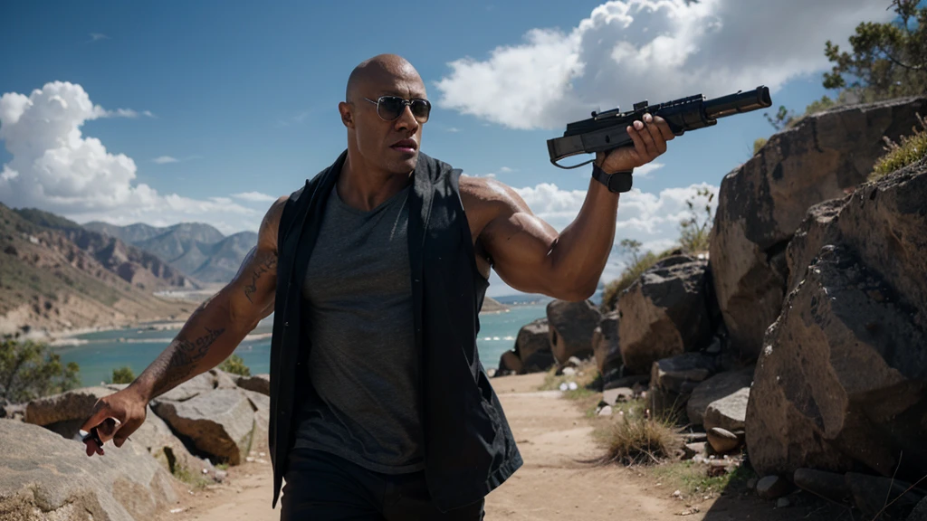 actor The Rock carries a long-barreled gun, best quality, 8k, HD