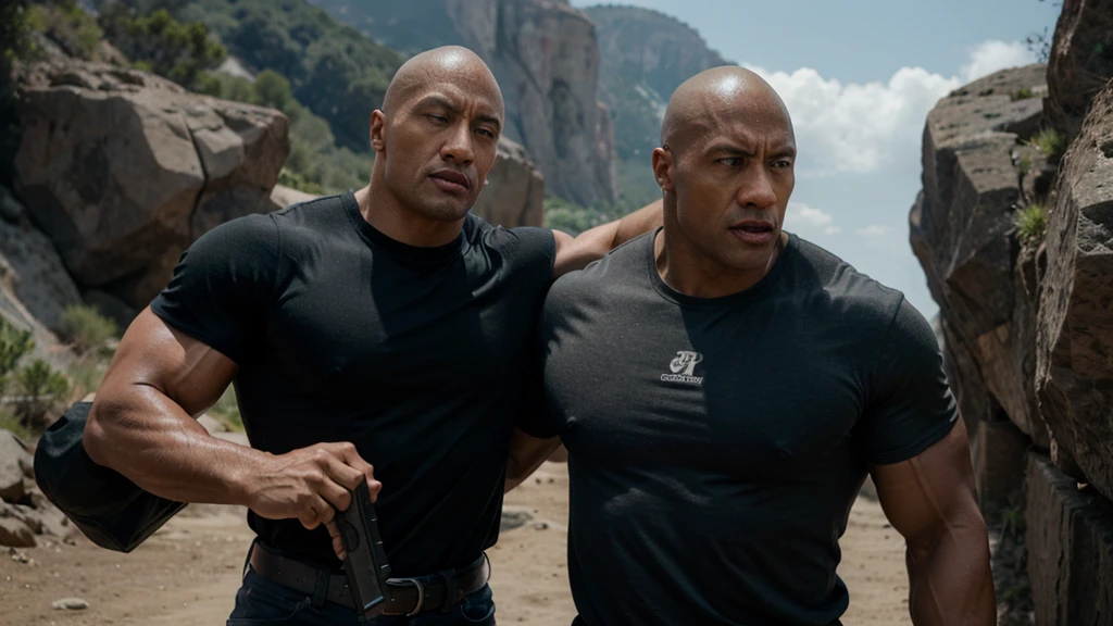 actor The Rock carries a long-barreled gun, best quality, 8k, HD