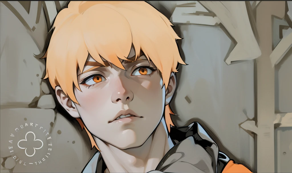 cute 17 year old boy orange hair and orange eyes he is upset he is talking to someone with his mouth open he is serious angry sad