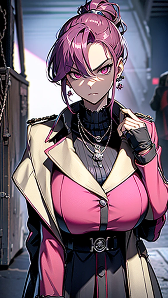 Highly detailed, anime, 1 woman, magenta hair, gigantic lenght large ponytail hairstyle, round Bangs, sharp magenta eyes, mini skull earings, skull necklace, busty, gorgeous plumpy body, military's uniform, serious face, skull necklace,skull necklace, skull necklace, skull necklace