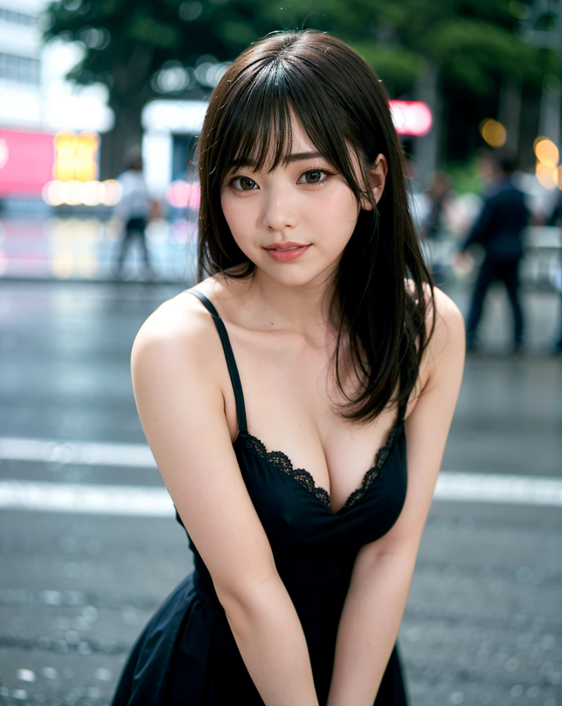 a woman posing on the street corner without dress on, best quality, 1girl, large breasts, day, bright, blur background, bokeh, outdoor, (street:0.8), (people, crowds:1