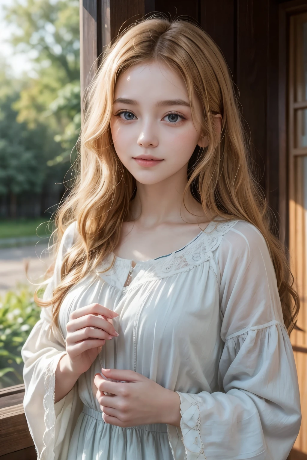 Draw a blonde girl with long, slightly curly hair. She has a gentle smile and is wearing a colorful blouse with floral patterns. Her expression conveys happiness and confidence. She is holding a bouquet of wildflowers in one hand and a thick book in the other. In the background, there is a green meadow with scattered trees and a blue sky with fluffy white clouds. The sun is beginning to set, casting a soft golden light over everything.