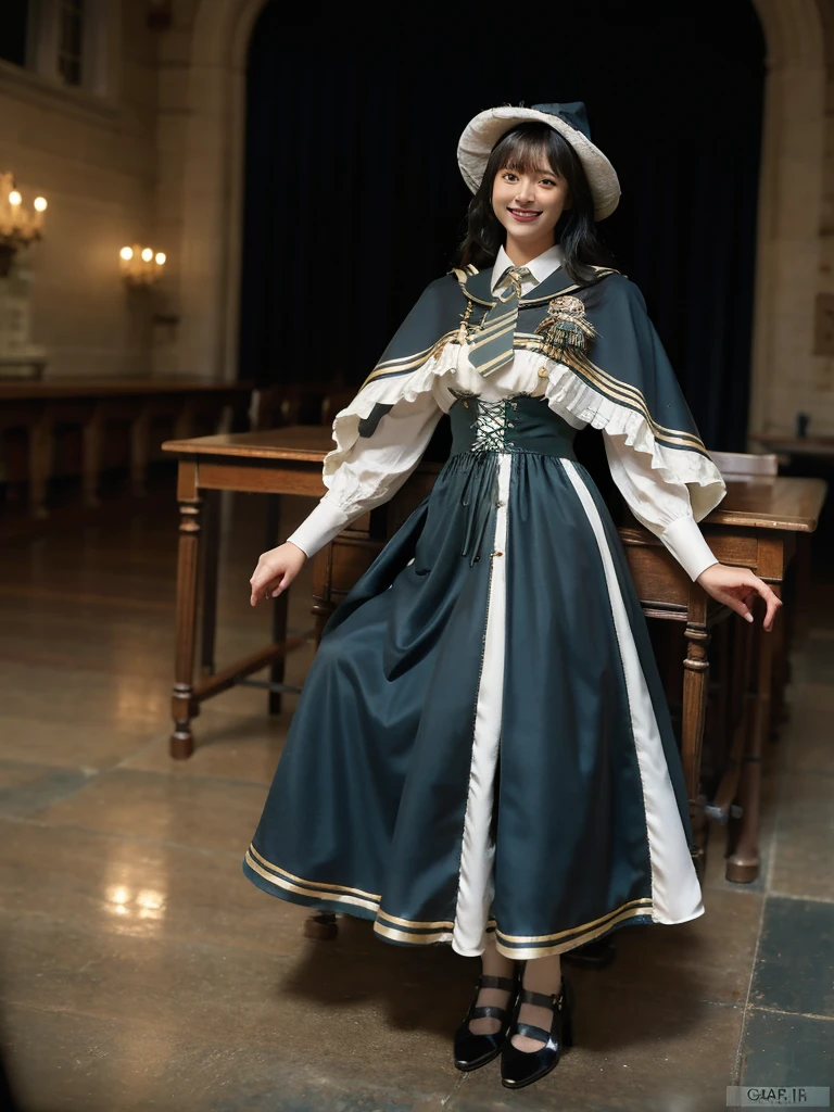 absurdres, incredibly absurdres, extremely detailed, best quality, masterpiece, realistic, photorealistic, 1girl, solo, looking at viewer, smile, full body, cyb dress, collared shirt, long sleeves, necktie, capelet, frills, badge, long dress, high heels, witch hat, castle, night, dramatic lighting, night, light, hogwarts , 16k, japanese idol, realistic