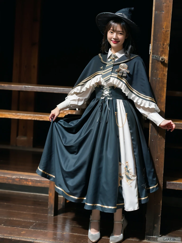 absurdres, incredibly absurdres, extremely detailed, best quality, masterpiece, realistic, photorealistic, 1girl, solo, looking at viewer, smile, full body, cyb dress, collared shirt, long sleeves, necktie, capelet, frills, badge, long dress, high heels, witch hat, castle, night, dramatic lighting, night, light, hogwarts , 16k, japanese idol, realistic