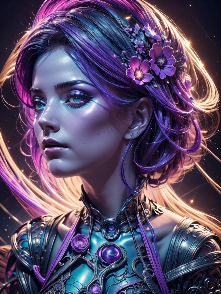 Masterpiece, RAW photo, hyper photorealistic, Beautiful alien girl with a lot of purple hair, on a far fantastic planet, cosmic landscape, cute sexy, highly detailed, sci-fi aesthetic, fantasy aura, unearthly vegetation, by rutkowski, hdr, intricate details, hyperdetailed, cinematic, depth of field, rim light