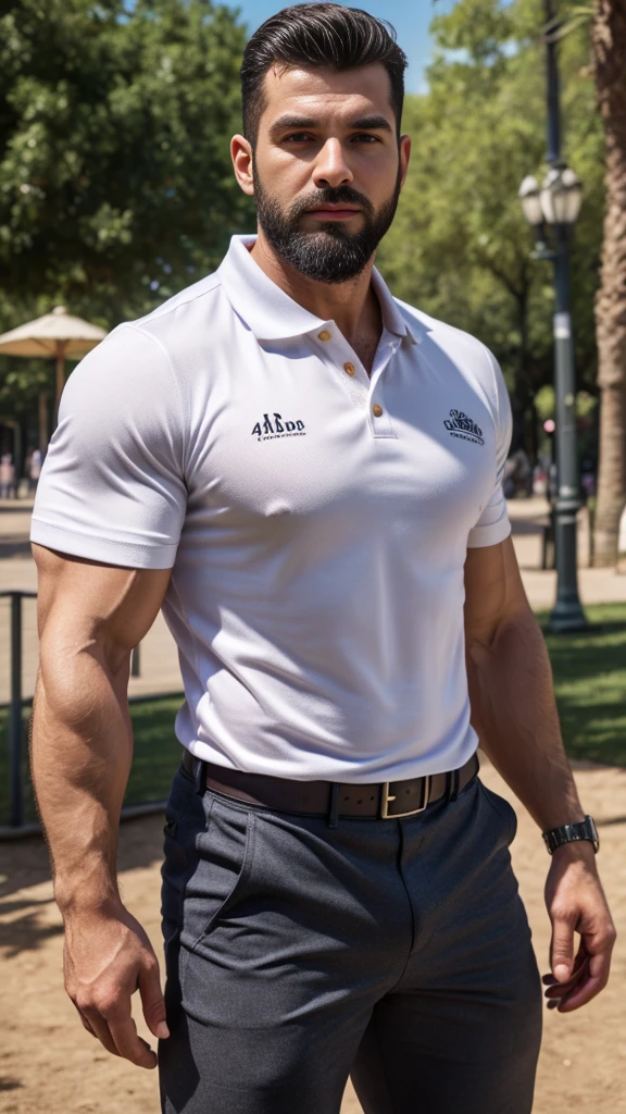 Handsome arabe muscular man beard, strong and muscular legs, big lump, artwork,, super sexy in casual pants and caqui polo shirt with blackstripes 8k ultra realistic masterpiece great detail next to a font super muscular , sexy , en el parque, 40 años de edad , de perfil , con los brazos arriba