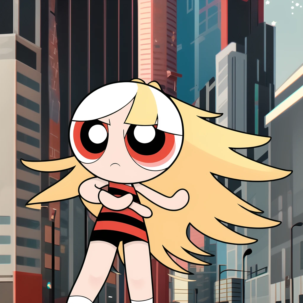 chibi, 1girl, multicolored hair , red eyes, white hair, black short sleeve shirt, black shorts, ((solo))