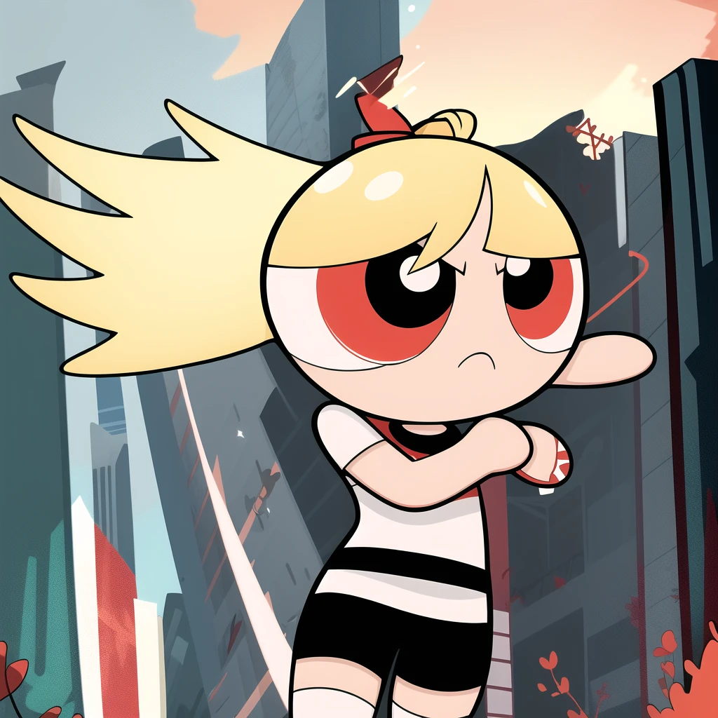chibi, 1girl, multicolored hair , red eyes, white hair, black short sleeve shirt, black shorts, ((solo))