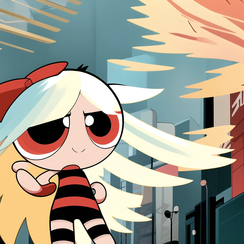 chibi, 1girl, multicolored hair , red eyes, white hair, black short sleeve shirt, black shorts, ((solo))
