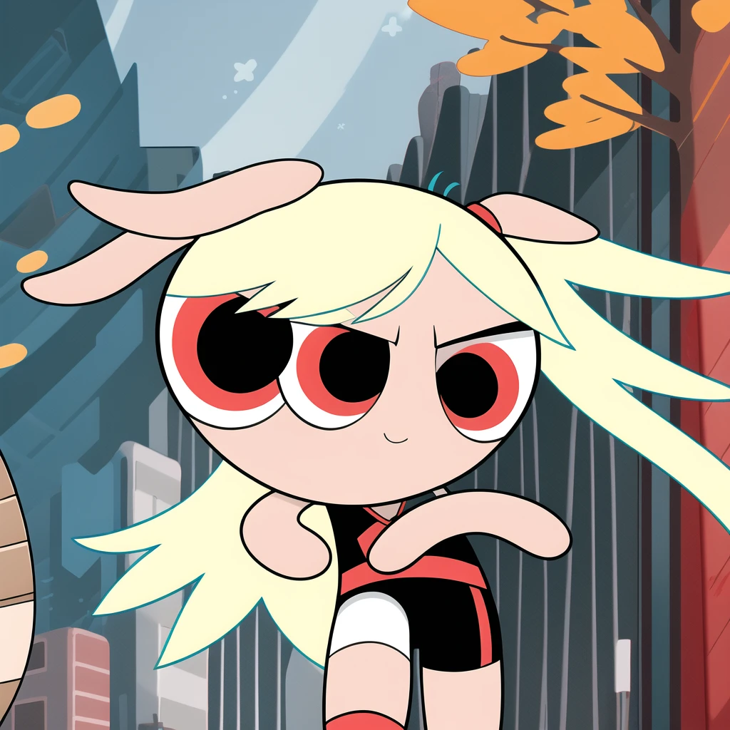 chibi, 1girl, multicolored hair , red eyes, white hair, black short sleeve shirt, black shorts, ((solo))