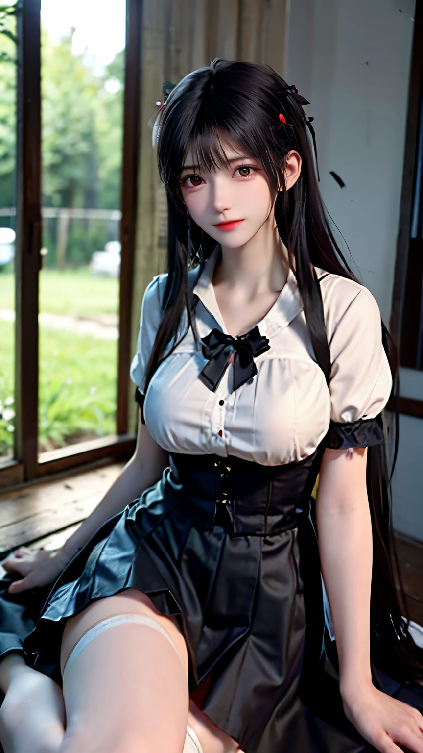 ((masterpiece, best quality)), (1girl), (solo), (female focus), yoru (chainsaw man),(very detailed face, real image, realistic white skin, realistic body, intricate details), upper body, focus on face, black hair tied, long hair, intimidating look, black pinafore dress, shirt, neck ribbon, small breasts