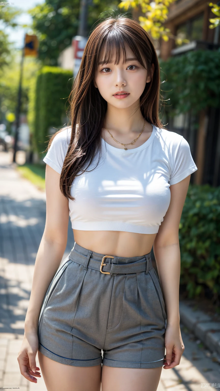 (8K, RAW Photos, Highest quality, masterpiece:1.2), (professional photography, full colors, studio-caliber color grading), (Gravure quality for high-end fashion magazines),  BREAK, 18 year old girl, (boyish:1.15), (mannish:1.1), Big Natural Color Lip, (Plumpy body:1.2), (thick waistline:1.2), (smooth skin:1.1), (huge breasts:1.0),  BREAK,  (Logo T-shirts:1.2 high-waist shorts, necklace