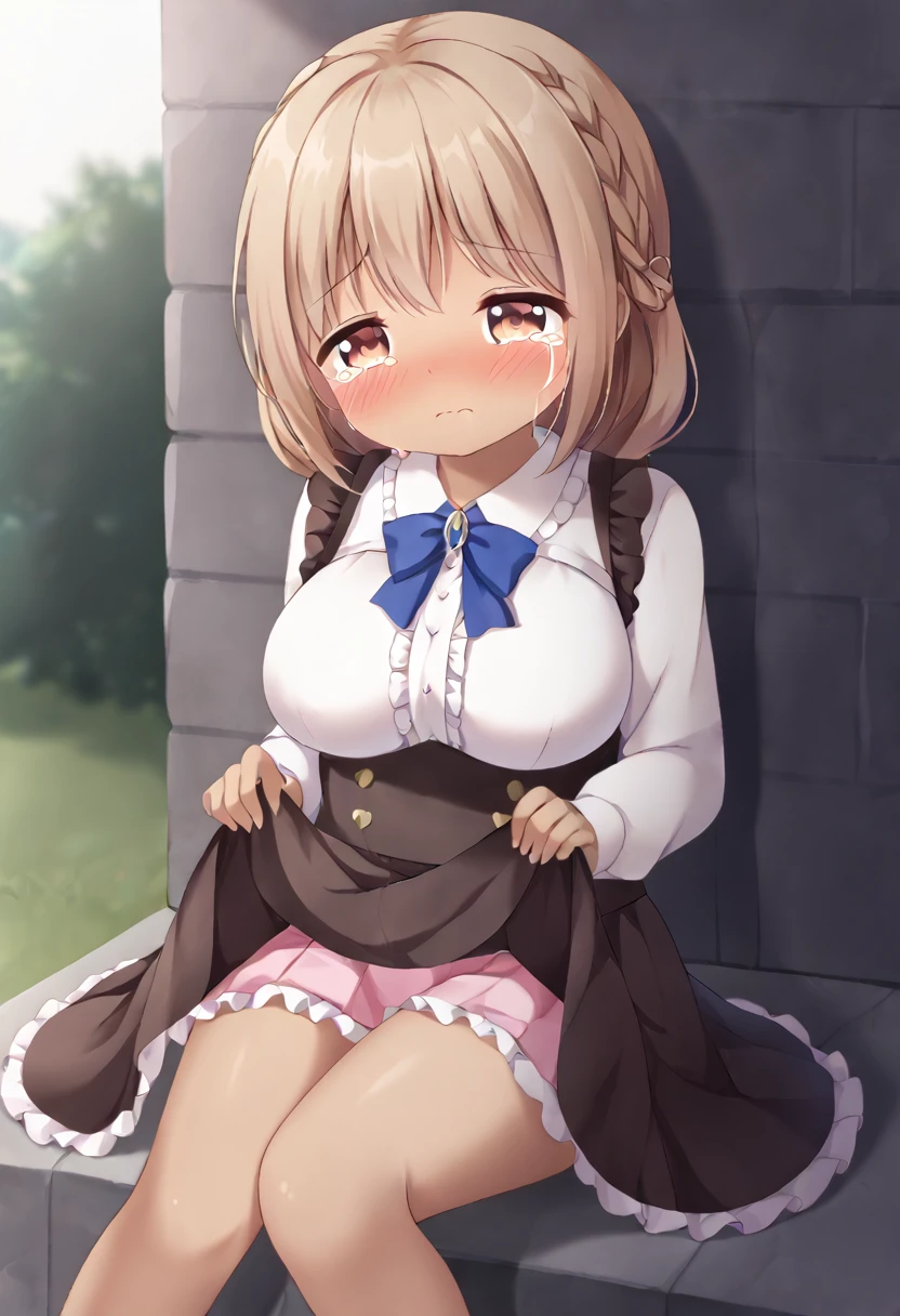 Cute little beautiful girl、Young face、Big Breasts、(Sad crying face despair blush:1.3)、Beautiful Eyes、Brown skin、Braid、Frills、Lift up your skirt、