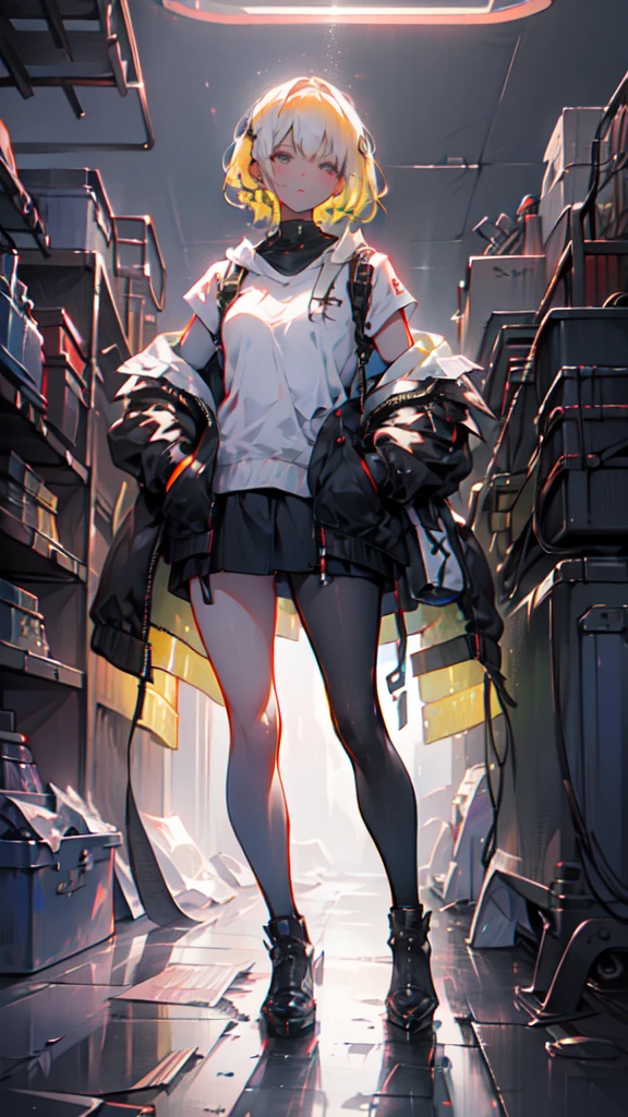 1 girl, short yellow hair, cyberpunk, Alice in Wonderland, black high heels, hand in pocket, best quality, 4k, 8k, highres, masterpiece:1.2, ultra-detailed, realistic, photorealistic, photo-realistic:1.37, HDR, UHD, studio lighting, ultra-fine painting, sharp focus, physically-based rendering, extreme detail description, professional, vivid colors, bokeh, concept art