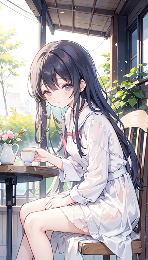 Arisu slowly stepped out onto the terrace.、There was a delicious breakfast prepared for her.。On the table covered with a white cloth、Fresh berries and fresh bread、and芳醇な香りの紅茶が並んでいます。She sat down gently in a chair、I picked up a beautiful cup。 Tea steam rising、The scent tickles her nose.。Arisu closed her eyes.、moment、I took a deep breath, feeling enveloped in the scent.。and、Quietly bring the cup to your mouth、I'll have a sip of tea。In its graceful movements、Her good upbringing and dignity were naturally evident.。((nsfw))((((5 )))(((infant)))ta))(naked))((Showing nipples under shirt))((A look at the see-through navy blue mini dress))