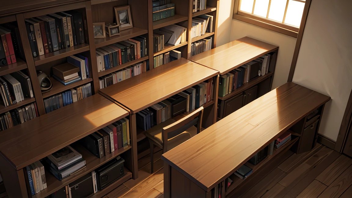 A narrow and dark study、The back wall is completely covered with bookshelves、There is one desk with a PC in the center.、No people