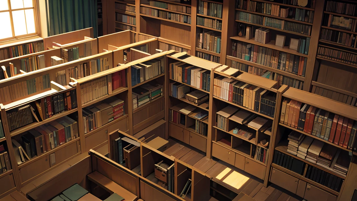 A narrow and dark study、The back wall is completely covered with bookshelves、There is one desk with a PC in the center.、No people