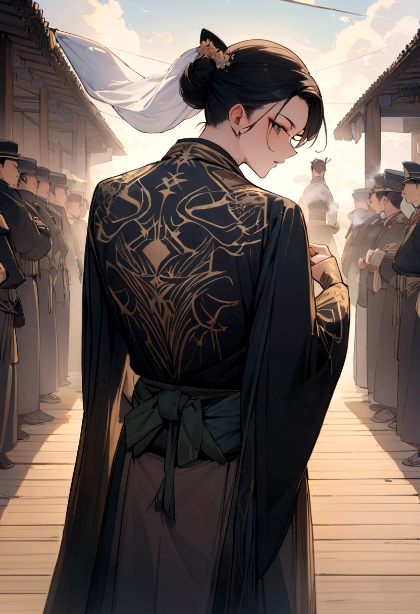 Masterpiece, Best Quality, samurai in kimono, fabric that flows in the air, officer, boreal steppe, SFW with francoisef's name written on the back