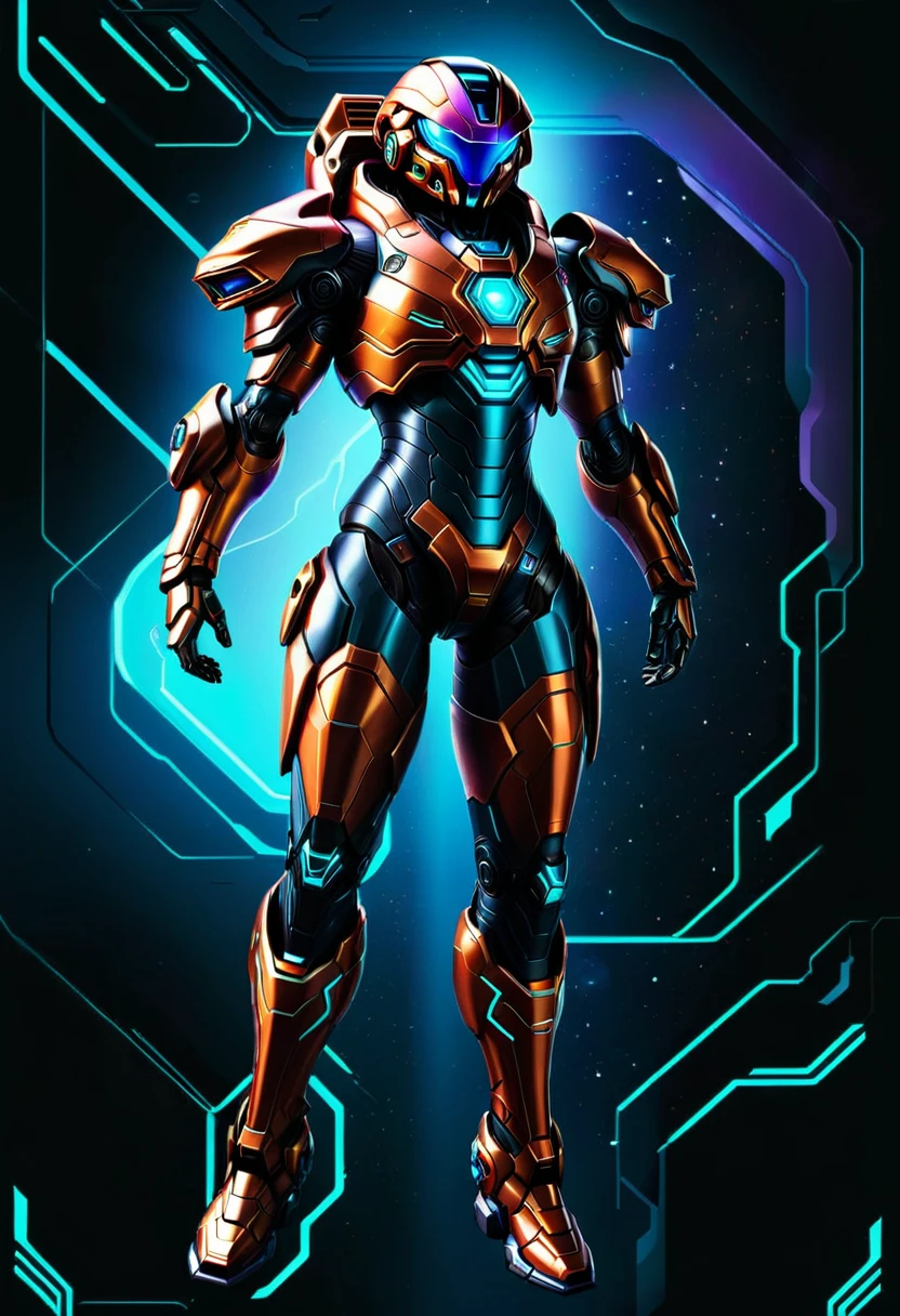 full body of a space craft pilot in a ultra futurist mecha holding an helmet, concept art inspired by Theodore Major, featured on zbrush central, full body, holography, streamlined neon mecha, samus aran bioorganic varia mecha, samus, mjolnir armor from halo infinite, sci - fi suit, science fiction suit, starcraft 2 videogame character, hq 4k phone wallpaper
