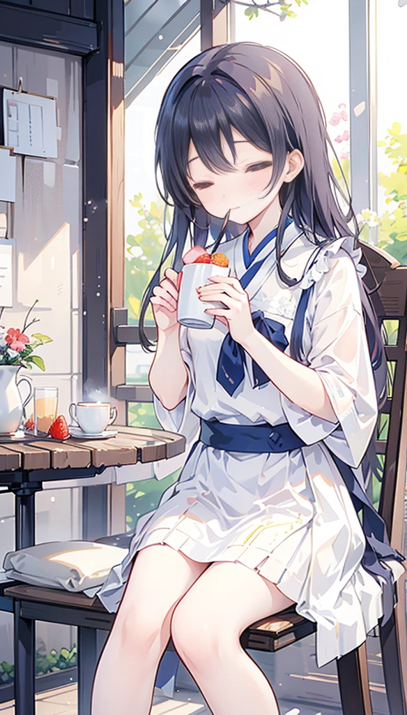Arisu slowly stepped out onto the terrace.、There was a delicious breakfast prepared for her.。On the table covered with a white cloth、Fresh berries and fresh bread、and芳醇な香りの紅茶が並んでいます。She sat down gently in a chair、I picked up a beautiful cup。 Tea steam rising、The scent tickles her nose.。Arisu closed her eyes.、moment、I took a deep breath, feeling enveloped in the scent.。and、Quietly bring the cup to your mouth、I'll have a sip of tea。In its graceful movements、Her good upbringing and dignity were naturally evident.。((nsfw))(((()))(((infant)))((Lolita))(na)((Showing nipples under shirt))((A look at the sheer see-through mini dress))