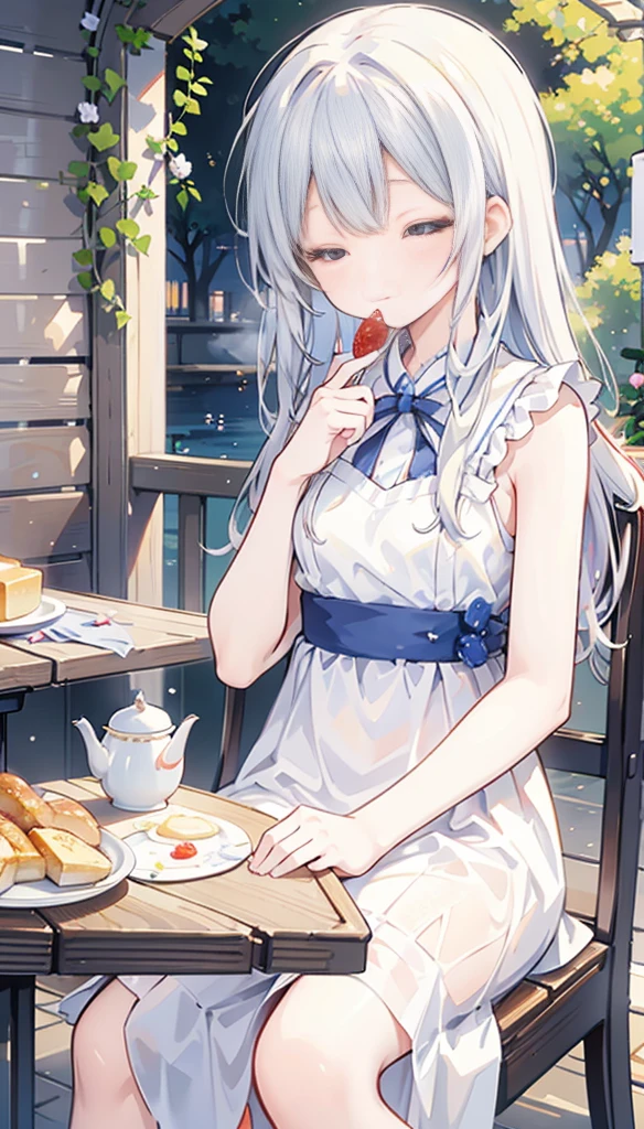 Arisu slowly stepped out onto the terrace.、There was a delicious breakfast prepared for her.。On the table covered with a white cloth、Fresh berries and fresh bread、and芳醇な香りの紅茶が並んでいます。She sat down gently in a chair、I picked up a beautiful cup。 Tea steam rising、The scent tickles her nose.。Arisu closed her eyes.、moment、I took a deep breath, feeling enveloped in the scent.。and、Quietly bring the cup to your mouth、I&#39;ll have a sip of tea。In its graceful movements、Her good upbringing and dignity were naturally evident.。((nsfw))((((5 years old)))(((infant)))((Lolita))(naked))((Showing nipples under shirt))((A look at the see-through navy blue mini dress))