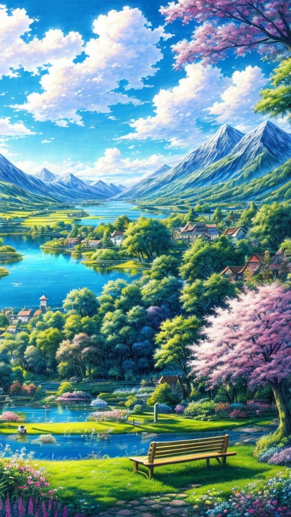 painting of 1bench in a garden with a lake in the background, beautiful anime peace scene, an innkeeper , hermoso anime landscape, anime nature, detailed landscape, fondo de pantalla de anime landscape, fondo de pantalla de anime nature, arte de anime background, anime landscape, anime countryside scenery , Beautiful anime scene, landscape illustrations, landscapes wallpaper, anime landscape, anime background