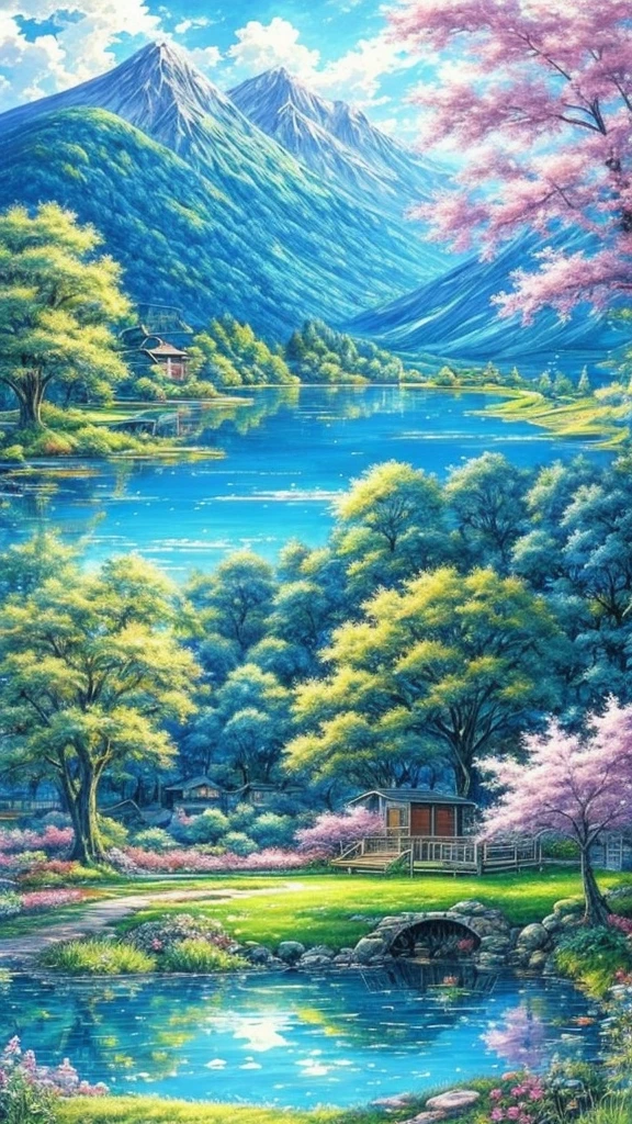 painting of 1bench in a garden with a lake in the background, beautiful anime peace scene, an innkeeper , hermoso anime landscape, anime nature, detailed landscape, fondo de pantalla de anime landscape, fondo de pantalla de anime nature, arte de anime background, anime landscape, anime countryside scenery , Beautiful anime scene, landscape illustrations, landscapes wallpaper, anime landscape, anime background