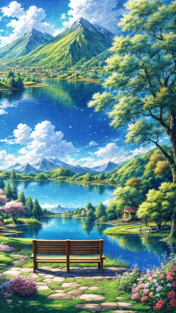 painting of 1bench in a garden with a lake in the background, beautiful anime peace scene, an innkeeper , hermoso anime landscape, anime nature, detailed landscape, fondo de pantalla de anime landscape, fondo de pantalla de anime nature, arte de anime background, anime landscape, anime countryside scenery , Beautiful anime scene, landscape illustrations, landscapes wallpaper, anime landscape, anime background