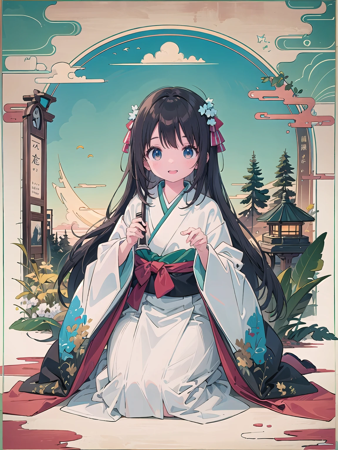 finely detailed illustration, best quality, masterpiece, vibrant color,High resolution、8k、8-year-old、pretty girl、Japanese 、Happy smile、Beautiful background, 1 Girl