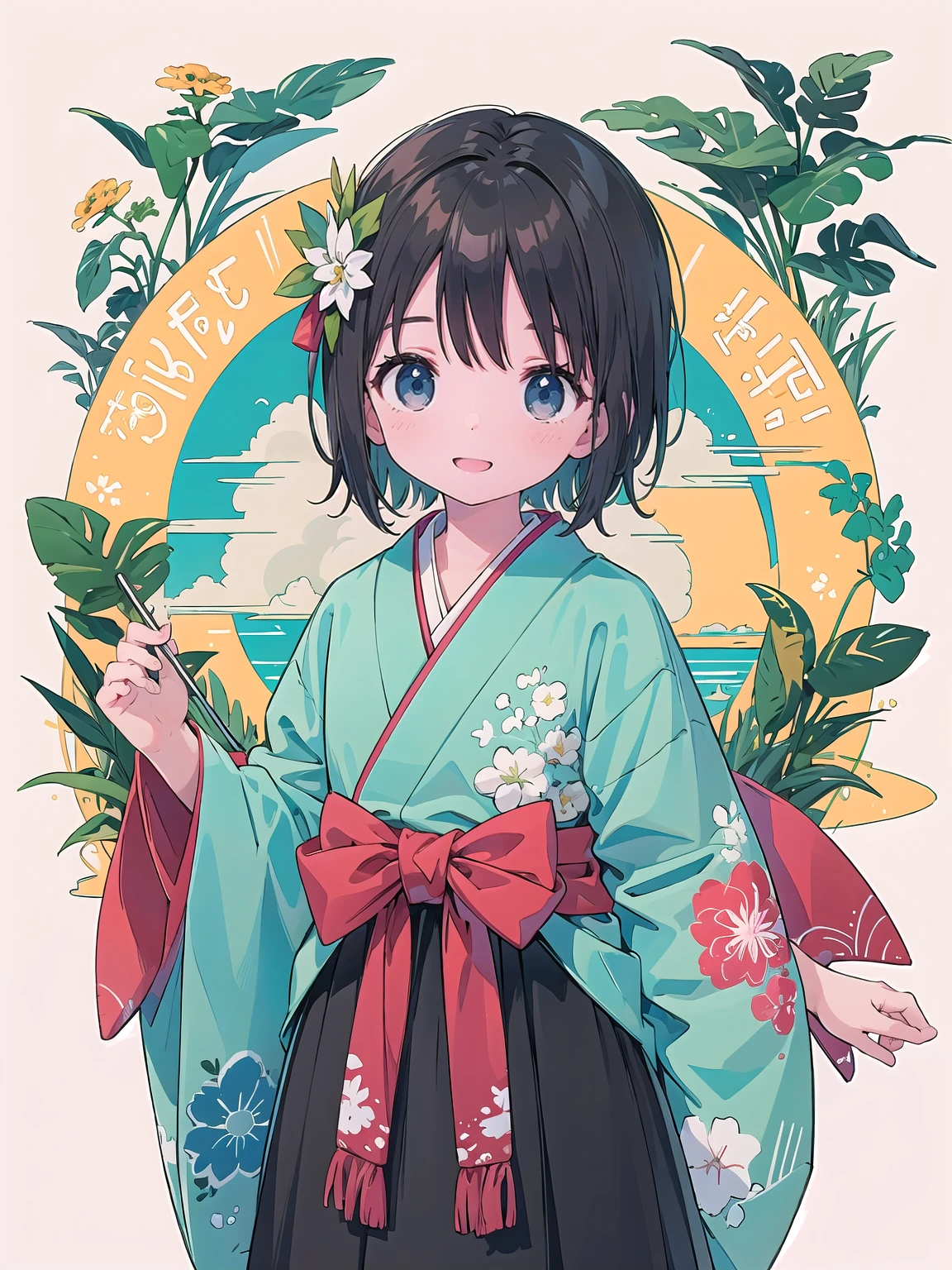 finely detailed illustration, best quality, masterpiece, vibrant color,High resolution、8k、8-year-old、pretty girl、Japanese 、Happy smile、Beautiful background, 1 Girl