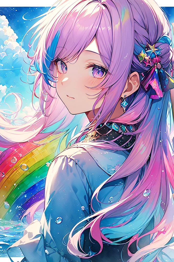 (masterpiece, Highest quality, Highest quality,watercolor (Moderate),Official Art, beautifully、beautiful:1.2),(1 Girl:1.3), (Fractal Art:1.3),Upper Body, From the side, Looking at the audience,pattern,(Rainbow Hair,colorful hair,Half blue、Half pink hair:1.2),water,liquid, cloud,colorful, Starry Sky,performer,