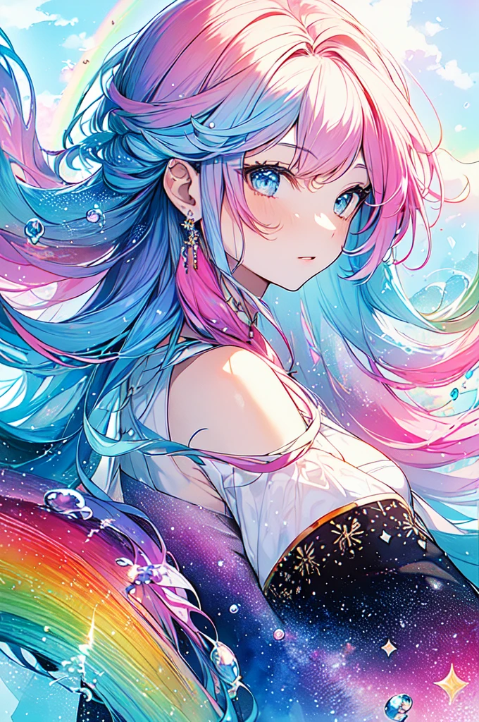 (masterpiece, Highest quality, Highest quality,watercolor (Moderate),Official Art, beautifully、beautiful:1.2),(1 Girl:1.3), (Fractal Art:1.3),Upper Body, From the side, Looking at the audience,pattern,(Rainbow Hair,colorful hair,Half blue、Half pink hair:1.2),water,liquid, cloud,colorful, Starry Sky,performer,