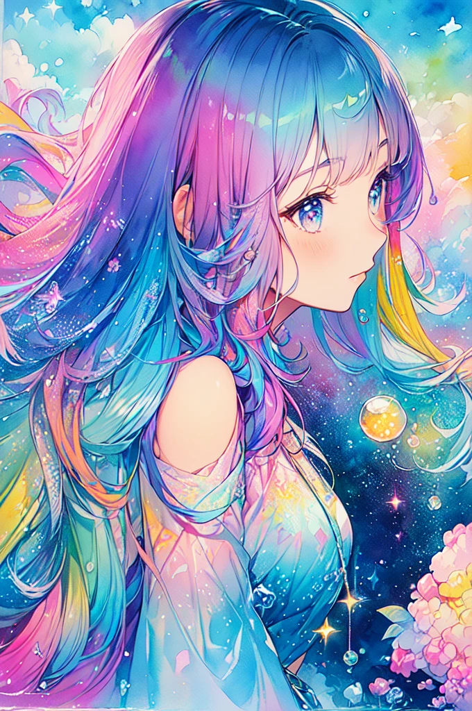 (masterpiece, Highest quality, Highest quality,watercolor (Moderate),Official Art, beautifully、beautiful:1.2),(1 Girl:1.3), (Fractal Art:1.3),Upper Body, From the side, Looking at the audience,pattern,(Rainbow Hair,colorful hair,Half blue、Half pink hair:1.2),water,liquid, cloud,colorful, Starry Sky,performer,
