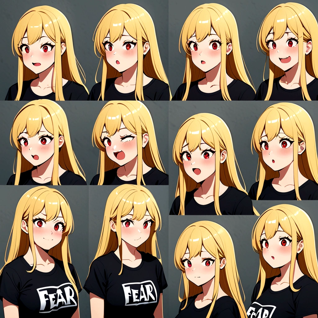 1 Girl,Three-quarters view from the right,Gray background,Facial expression expressions,the same person,9 facial expressions,grid,Long hair,(Blonde hair:1.4),Green Eyes,微lol,lol,cry,tired,狡黠的假lol,Shy,Bad temper,surprise,Fear,rest(Red T-shirt:1.4),best quality,masterpiece,Very detailed,Very detailed,8K