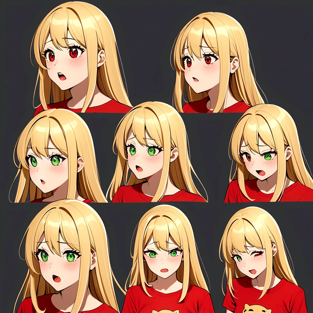 1 Girl,Three-quarters view from the right,Gray background,Facial expression expressions,the same person,9 facial expressions,grid,Long hair,(Blonde hair:1.4),Green Eyes,微lol,lol,cry,tired,狡黠的假lol,Shy,Bad temper,surprise,Fear,rest(Red T-shirt:1.4),best quality,masterpiece,Very detailed,Very detailed,8K