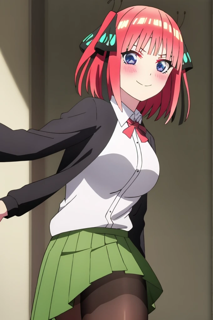 ((best quality)),((highly detailed)),masterpiece,absurdities,detailed face,beautiful face,(detailed eyes, deep eyes),1 girl,((dynamic pose)), Boy, pink hair, blue eyes , butterfly hair ornament, black ribbon, skirt, hair ornament, shirt, bangs, ribbon, green skirt, white shirt, black cardigan, cardigan, open clothing, open cardigan, blunt bangs, hair ribbon, holding, breasts, pleated skirt, V-shaped eyebrows, short hair, pigtails, collared shirt, indoors, medium hair, blushing, alone, eyebrows hidden by hair, long sleeves, smiling with blushing cheeks, two sides up, breasts large, dress shirt, shiny hair, standing, shiny, looking at viewer, medium breasts, holding viewer's hand.