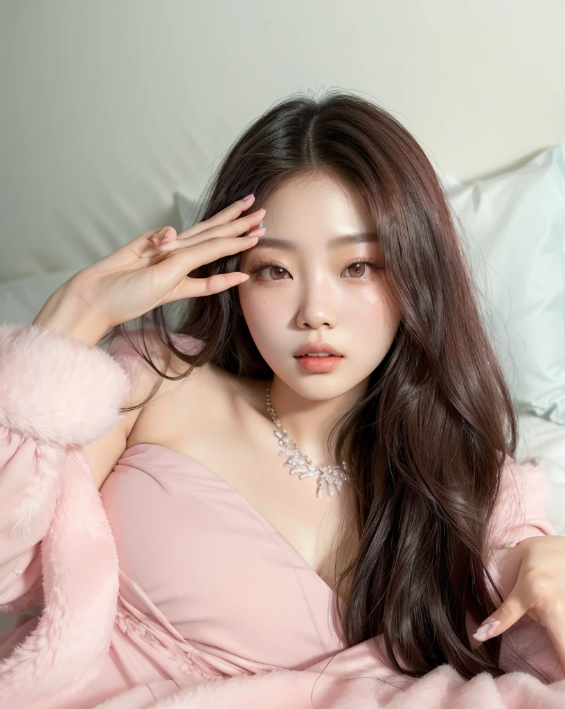 Araffe woman in a pink dress lying on a bed, beautiful south korean woman, beautiful young korean woman, gorgeous young korean woman, jennie pink black, korean girl, female korean idol portrait, beautiful Asian girl, beautiful asian woman, korean woman, Asian girl, beautiful young asian woman, Asian girl with long hair, young Asian girl, Portrait of Blackpink's Jossi