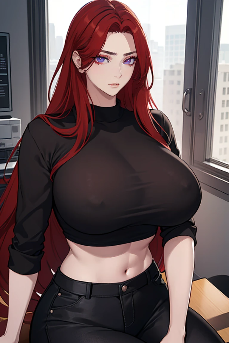 (Uhd, Masterpiece, Textured Skin, Super Detail, High Details, High Quality, Best Quality), Detailed Face, 1woman, mature pretty woman, Long red hair, (Fashion Black crop top shirt), (black pants), (Huge Body:1.5, tall), sitting on a chair behind a office table, (Low-sized breasts), (Office room)