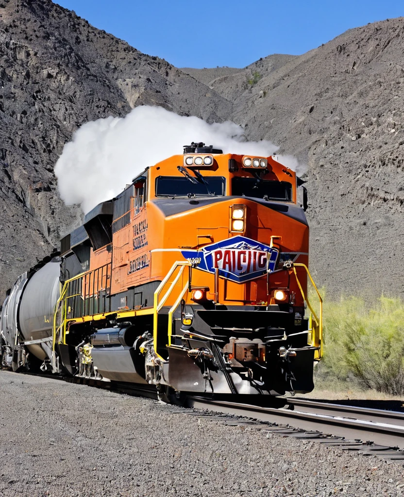 (((Train locomotive))), union Pacific, diesel, orange coloured,