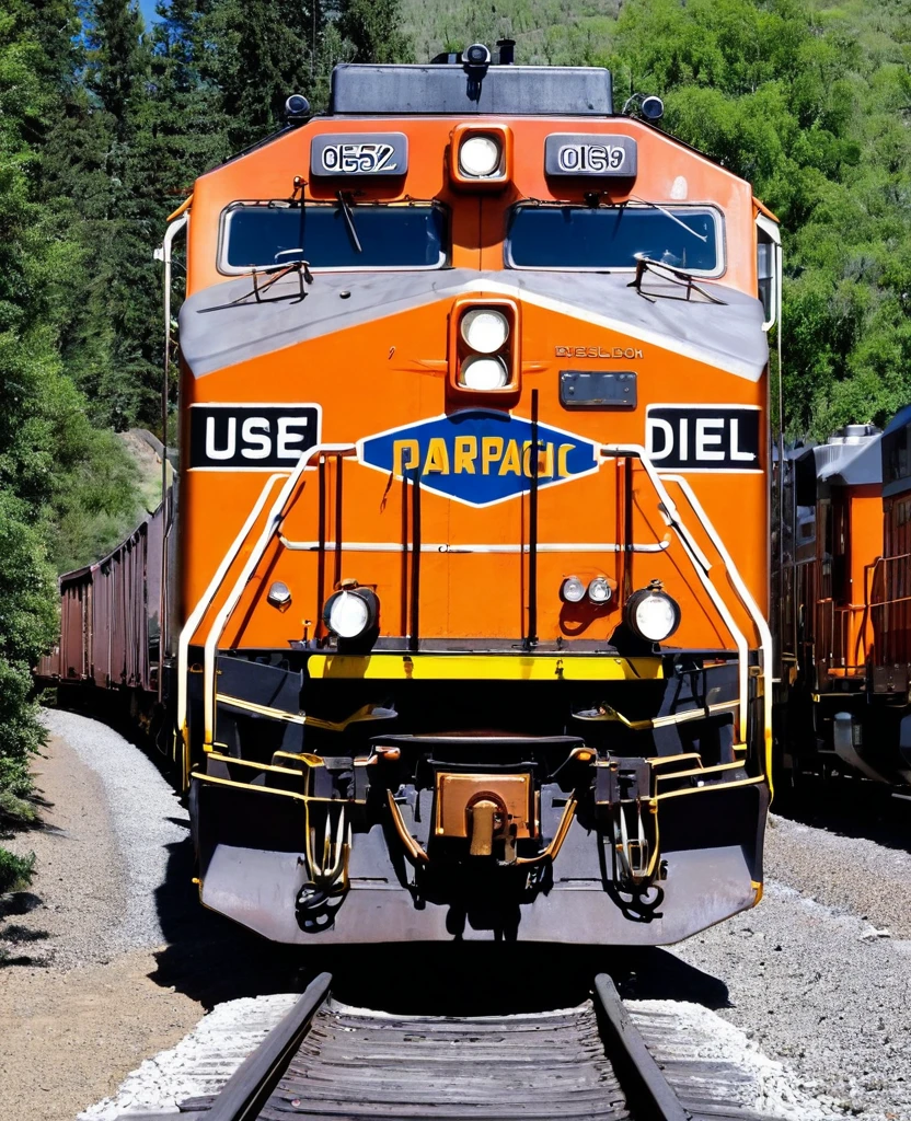(((Train locomotive))), union Pacific, diesel, orange coloured,