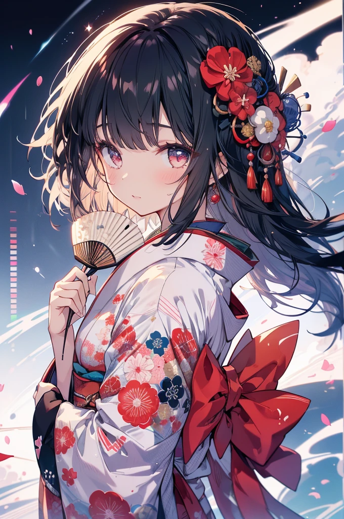 One Girl, Japanese, kimono, Holding a folding fan, good, Beautiful poop, delicate, cute, Black-haired, Narrow eyes, ((Head to waist)), masterpiece, Highest quality, Ultra HD