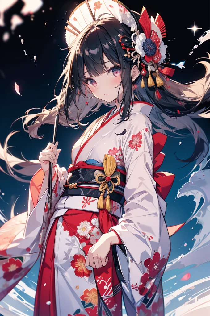 One Girl, Japanese, kimono, Holding a folding fan, good, Beautiful poop, delicate, cute, Black-haired, Narrow eyes, ((Head to waist)), masterpiece, Highest quality, Ultra HD