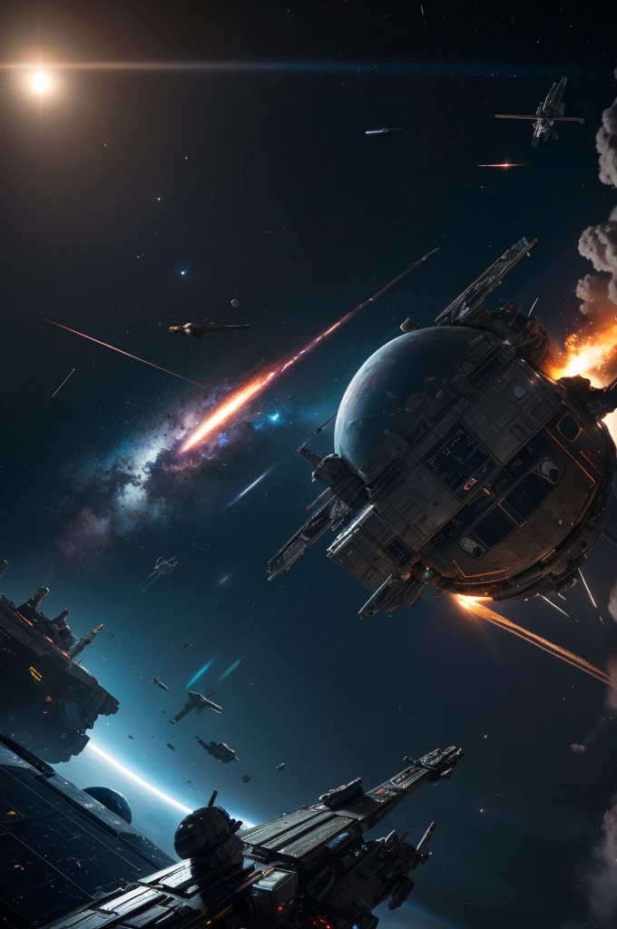 a space battle in a nebula between starships with a giant metal moon looming in the background, masterpiece, best, photo realistic space battle, explosions, ship wreckage, epic space battle