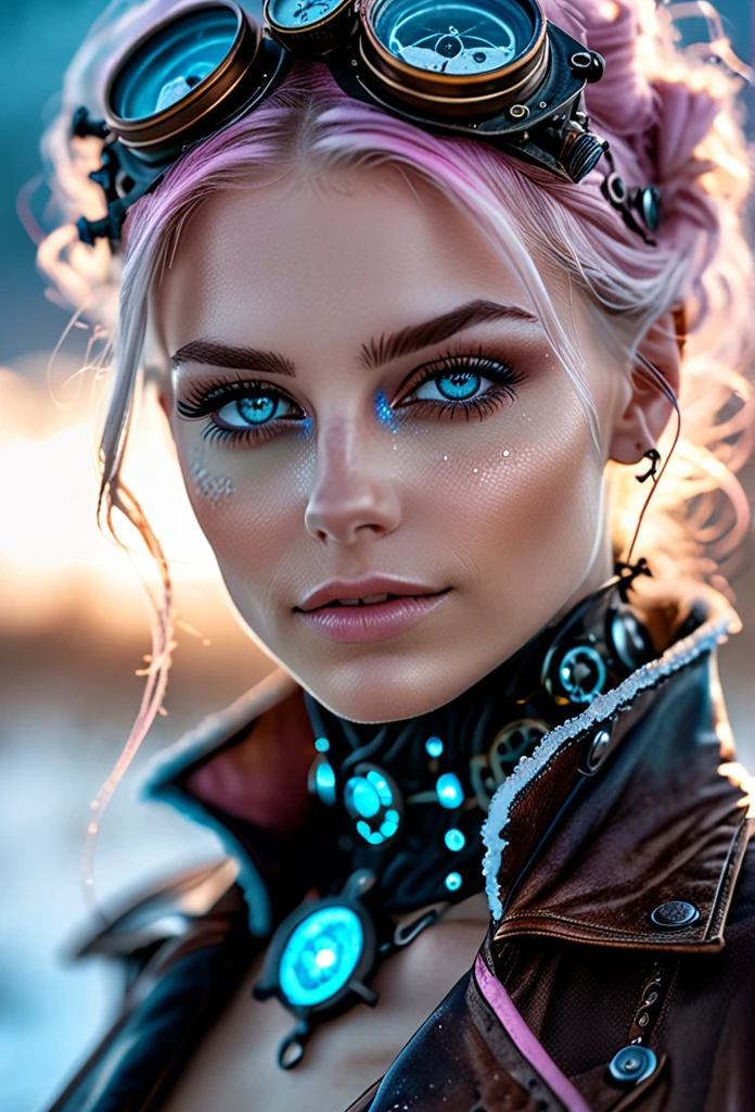 photo shot on Nikon D850, 16k, masterpiece, Detailed, breathtaking, atmospheric perspective, diffusion, natural skin texture, DSLR, 80mm Sigma f2, depth of field, film grain, intricate natural lighting, full length photo of beautiful steampunk with icy blue and white lighting standing in icy field, topless, light grey and pink, energy-filled illustrations, extremely sexy, detailed face and eyes, no makeup, little smiling, highly detailed, dark fantasy aura, faded colours. Full body
