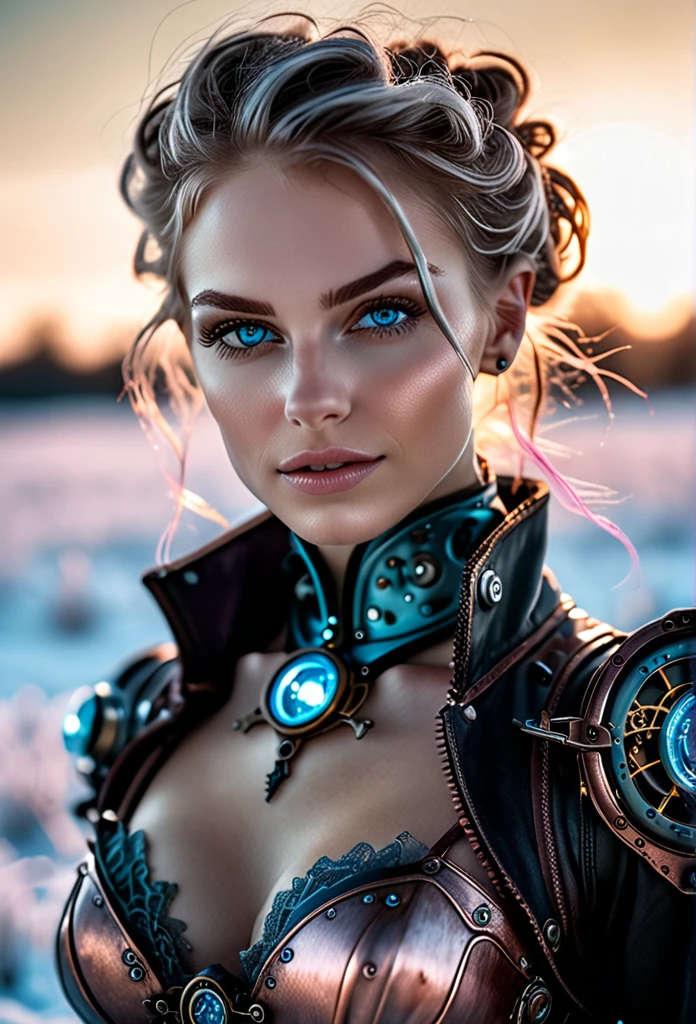 photo shot on Nikon D850, 16k, masterpiece, Detailed, breathtaking, atmospheric perspective, diffusion, natural skin texture, DSLR, 80mm Sigma f2, depth of field, film grain, intricate natural lighting,  full length photo of beautiful steampunk with icy blue and white lighting standing in icy field, topless, light grey and pink, energy-filled illustrations, extremely sexy, detailed face and eyes, no makeup, little smiling, highly detailed, dark fantasy aura,  faded colours. Full body 