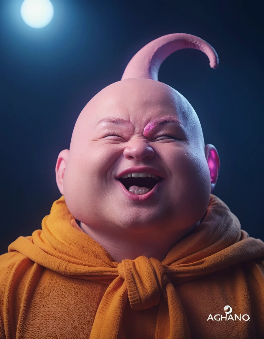 goodbuu, pink skin, light blue cape, yellow boxing gloves, magic lamp genie vest black belt with a yellow buckle with a (M) wide white pants in the style of a white diaper, black leuings socks, yellow boots, ((Best quality)), ((Masterpiece))，open mouth，UHD，realistic:3，3D, ((Best quality)), ((Masterpiece)), ((Realistic))cover  ,full budy.