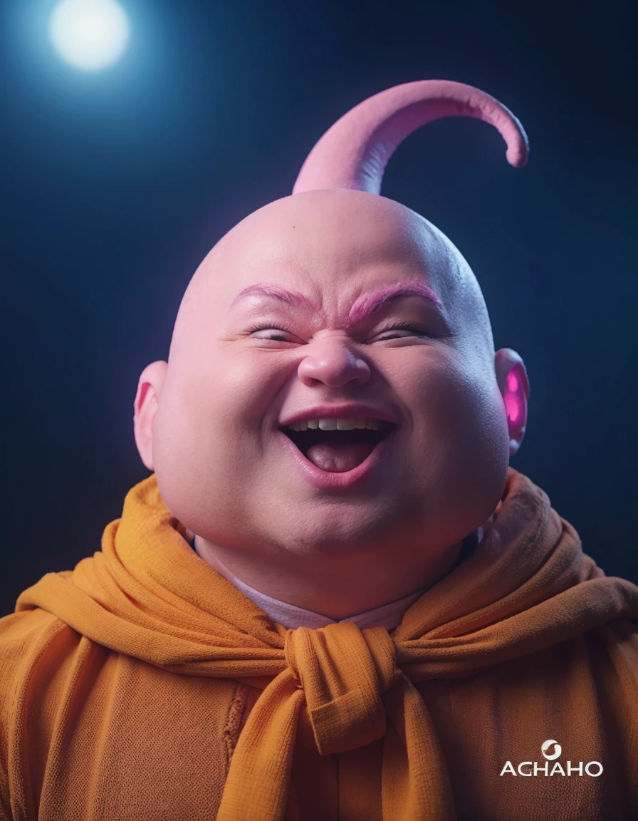 goodbuu, pink skin, light blue cape, yellow boxing gloves, magic lamp genie vest black belt with a yellow buckle with a (M) wide white pants in the style of a white diaper, black leuings socks, yellow boots, ((Best quality)), ((Masterpiece))，open mouth，UHD，realistic:3，3D, ((Best quality)), ((Masterpiece)), ((Realistic))cover  ,full budy.