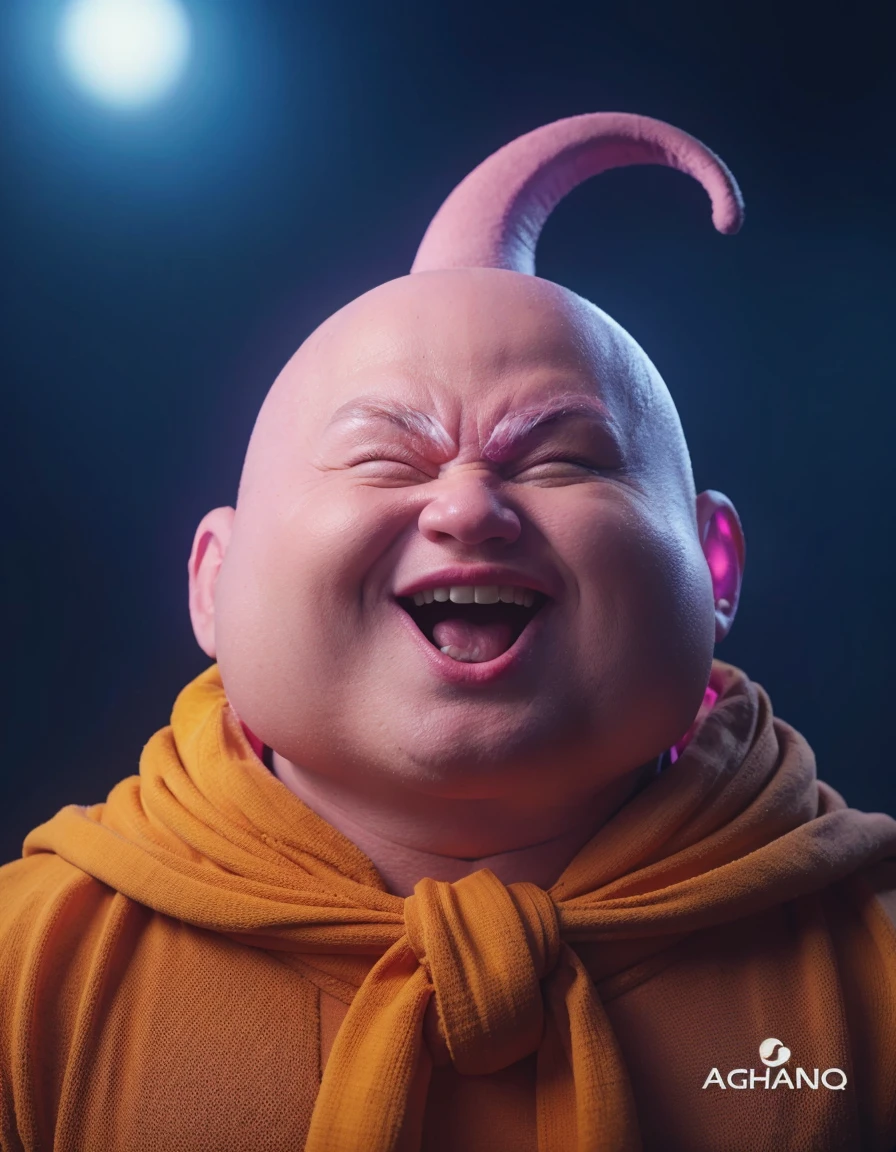 goodbuu, pink skin, light blue cape, yellow boxing gloves, magic lamp genie vest black belt with a yellow buckle with a (M) wide white pants in the style of a white diaper, black leuings socks, yellow boots, ((Best quality)), ((Masterpiece))，open mouth，UHD，realistic:3，3D, ((Best quality)), ((Masterpiece)), ((Realistic))cover  ,full budy.