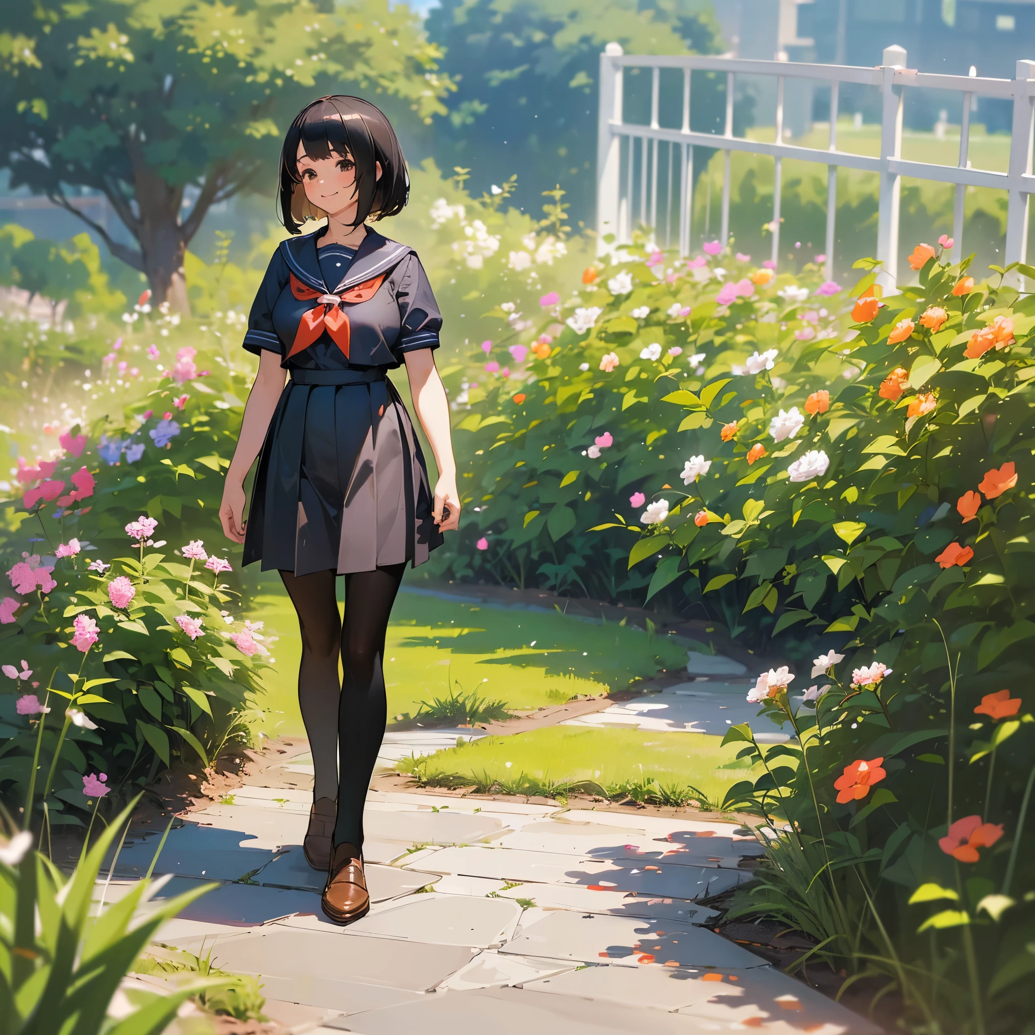 (Highest quality, High resolution, Super detailed, Realistic:1.37), Peaceful atmosphere, (Outdoor, garden), Teenage girl standing alone,(my breasts are big.),Beautifully detailed features, Cute Smile, ((Black bob hair)),Short-sleeved sailor uniform, Pleated skirt,Black tights,Brown leather shoes.